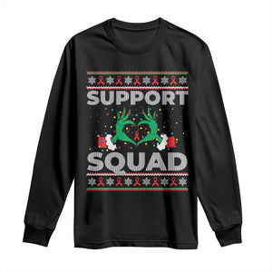 Support Squad HIV Awareness Gift Long Sleeve Shirt Green Hand Red Ribbon Ugly Sweater Christmas Gift TS12 Black Print Your Wear