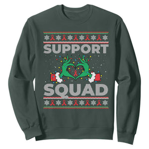 Support Squad HIV Awareness Gift Sweatshirt Green Hand Red Ribbon Ugly Sweater Christmas Gift TS12 Dark Forest Green Print Your Wear