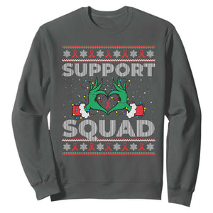 Support Squad HIV Awareness Gift Sweatshirt Green Hand Red Ribbon Ugly Sweater Christmas Gift TS12 Dark Heather Print Your Wear