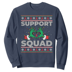 Support Squad HIV Awareness Gift Sweatshirt Green Hand Red Ribbon Ugly Sweater Christmas Gift TS12 Navy Print Your Wear