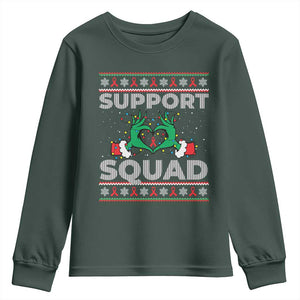 Support Squad HIV Awareness Gift Youth Sweatshirt Green Hand Red Ribbon Ugly Sweater Christmas Gift TS12 Dark Forest Green Print Your Wear