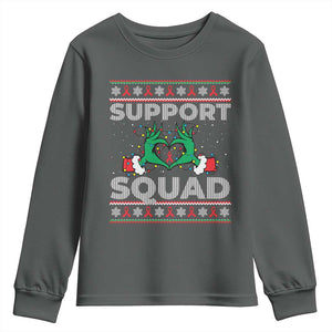 Support Squad HIV Awareness Gift Youth Sweatshirt Green Hand Red Ribbon Ugly Sweater Christmas Gift TS12 Dark Heather Print Your Wear