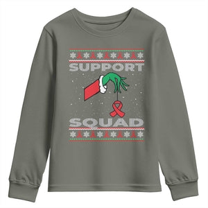 Funny Green Hand Red Ribbon HIV Awareness Youth Sweatshirt Support Squad Ugly Sweater Gift TS12 Military Green Print Your Wear