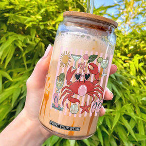 Funny Crab Tropical Summer Vacation Gift Glass Can Striped Summer Beach Vibes TS12 White Print Your Wear