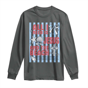 All I Need Is Jesus And The Beach Long Sleeve Shirt Striped Christian Summer Graphic TS12 Dark Heather Print Your Wear