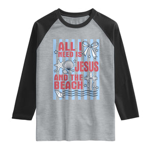 All I Need Is Jesus And The Beach Raglan Shirt Striped Christian Summer Graphic TS12 Heather Gray Black Print Your Wear
