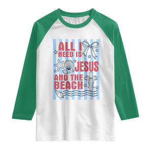 All I Need Is Jesus And The Beach Raglan Shirt Striped Christian Summer Graphic TS12 White Kelly Green Print Your Wear