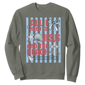 All I Need Is Jesus And The Beach Sweatshirt Striped Christian Summer Graphic TS12 Military Green Print Your Wear
