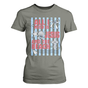 All I Need Is Jesus And The Beach T Shirt For Women Striped Christian Summer Graphic TS12 Military Green Print Your Wear