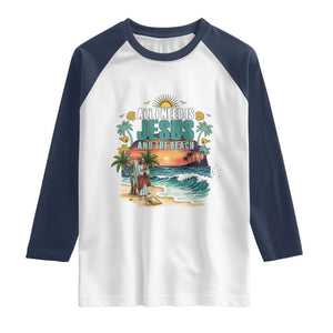 All I Need Is Jesus And The Beach Raglan Shirt Christian Summer Faith Graphic TS12 White Navy Print Your Wear