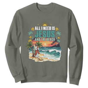 All I Need Is Jesus And The Beach Sweatshirt Christian Summer Faith Graphic TS12 Military Green Print Your Wear