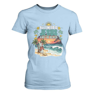 All I Need Is Jesus And The Beach T Shirt For Women Christian Summer Faith Graphic TS12 Light Blue Print Your Wear