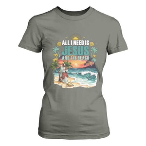 All I Need Is Jesus And The Beach T Shirt For Women Christian Summer Faith Graphic TS12 Military Green Print Your Wear