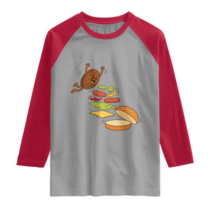 Funny Burger Ingredients Flying Into Bun Raglan Shirt Fast Food Lover Gift