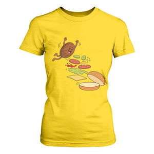 Funny Burger Ingredients Flying Into Bun T Shirt For Women Fast Food Lover Gift