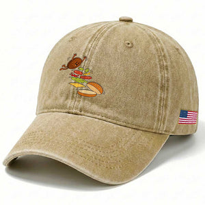 Funny Burger Ingredients Flying Into Bun Washed Cotton Baseball Cap Fast Food Lover Gift