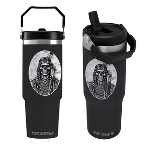 Vintage Gothic Skull Warrior Flip Straw Tumbler Native American Feather Chief