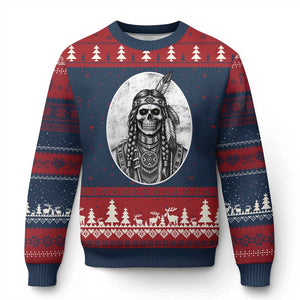 Vintage Gothic Skull Warrior Ugly Christmas Sweater Native American Feather Chief