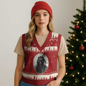 Vintage Gothic Skull Warrior V-Neck Knit Sweater Vest Native American Feather Chief
