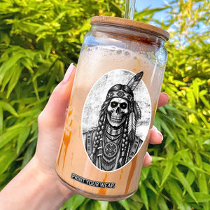 Vintage Gothic Skull Warrior Glass Can Native American Feather Chief