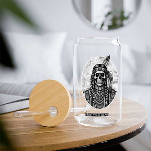 Vintage Gothic Skull Warrior Glass Can Native American Feather Chief