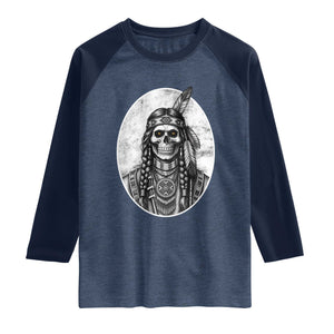 Vintage Gothic Skull Warrior Raglan Shirt Native American Feather Chief
