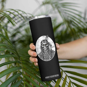 Vintage Gothic Skull Warrior Skinny Tumbler Native American Feather Chief