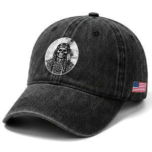 Vintage Gothic Skull Warrior Washed Cotton Baseball Cap Native American Feather Chief