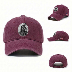 Vintage Gothic Skull Warrior Washed Cotton Baseball Cap Native American Feather Chief