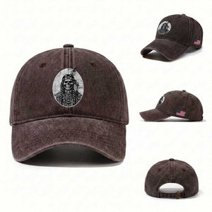 Vintage Gothic Skull Warrior Washed Cotton Baseball Cap Native American Feather Chief