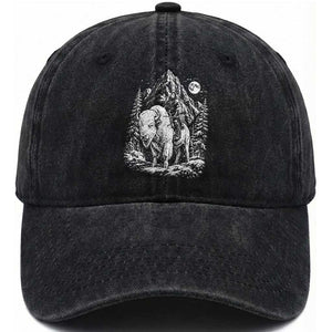 Vintage Native American Bison Rider Washed Cotton Baseball Cap Indigenous Warrior Graphic