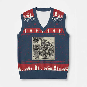 Cool Royal Cat Riding Dinosaur V-Neck Knit Sweater Vest Rock N Roll Engraving Graphic Art
