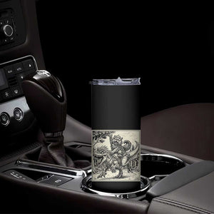 Cool Royal Cat Riding Dinosaur Skinny Tumbler Rock N Roll Engraving Graphic Art