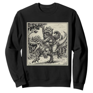 Cool Royal Cat Riding Dinosaur Sweatshirt Rock N Roll Engraving Graphic Art