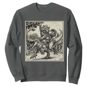 Cool Royal Cat Riding Dinosaur Sweatshirt Rock N Roll Engraving Graphic Art