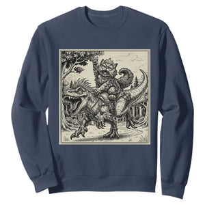 Cool Royal Cat Riding Dinosaur Sweatshirt Rock N Roll Engraving Graphic Art