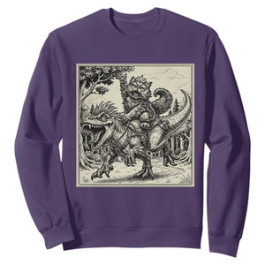 Cool Royal Cat Riding Dinosaur Sweatshirt Rock N Roll Engraving Graphic Art