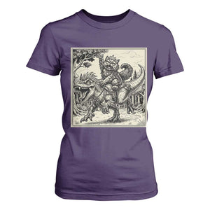 Cool Royal Cat Riding Dinosaur T Shirt For Women Rock N Roll Engraving Graphic Art
