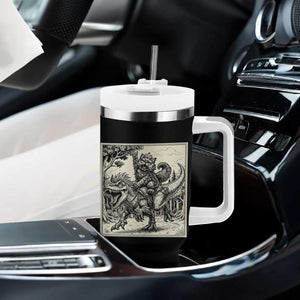 Cool Royal Cat Riding Dinosaur Tumbler With Handle Rock N Roll Engraving Graphic Art