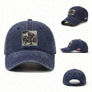 Cool Royal Cat Riding Dinosaur Washed Cotton Baseball Cap Rock N Roll Engraving Graphic Art