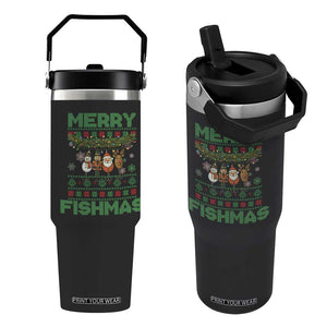 Merry Fishmas Ugly Sweater Flip Straw Tumbler Funny Fishing Holiday Gift TS12 One Size: 30 oz Black Print Your Wear