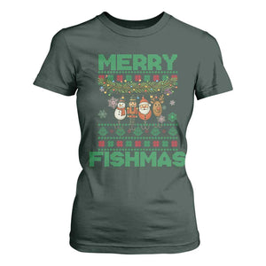 Merry Fishmas Ugly Sweater T Shirt For Women Funny Fishing Holiday Gift TS12 Dark Forest Green Print Your Wear