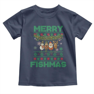 Merry Fishmas Ugly Sweater Toddler T Shirt Funny Fishing Holiday Gift TS12 Navy Print Your Wear