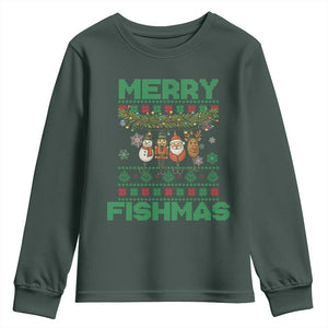 Merry Fishmas Ugly Sweater Youth Sweatshirt Funny Fishing Holiday Gift TS12 Dark Forest Green Print Your Wear