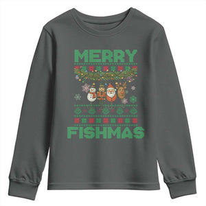 Merry Fishmas Ugly Sweater Youth Sweatshirt Funny Fishing Holiday Gift TS12 Dark Heather Print Your Wear