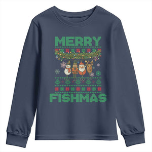 Merry Fishmas Ugly Sweater Youth Sweatshirt Funny Fishing Holiday Gift TS12 Navy Print Your Wear