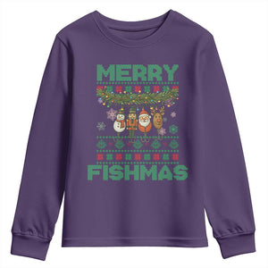 Merry Fishmas Ugly Sweater Youth Sweatshirt Funny Fishing Holiday Gift TS12 Purple Print Your Wear