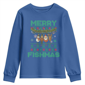 Merry Fishmas Ugly Sweater Youth Sweatshirt Funny Fishing Holiday Gift TS12 Royal Blue Print Your Wear