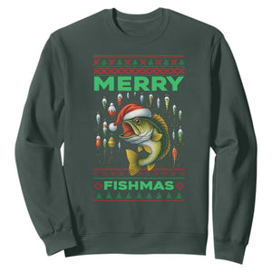 Funny Merry Fishmas Ugly Sweater Sweatshirt Fisherman Christmas Gift TS12 Dark Forest Green Print Your Wear