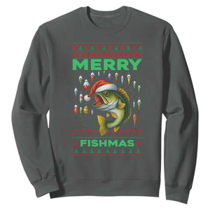 Funny Merry Fishmas Ugly Sweater Sweatshirt Fisherman Christmas Gift TS12 Dark Heather Print Your Wear